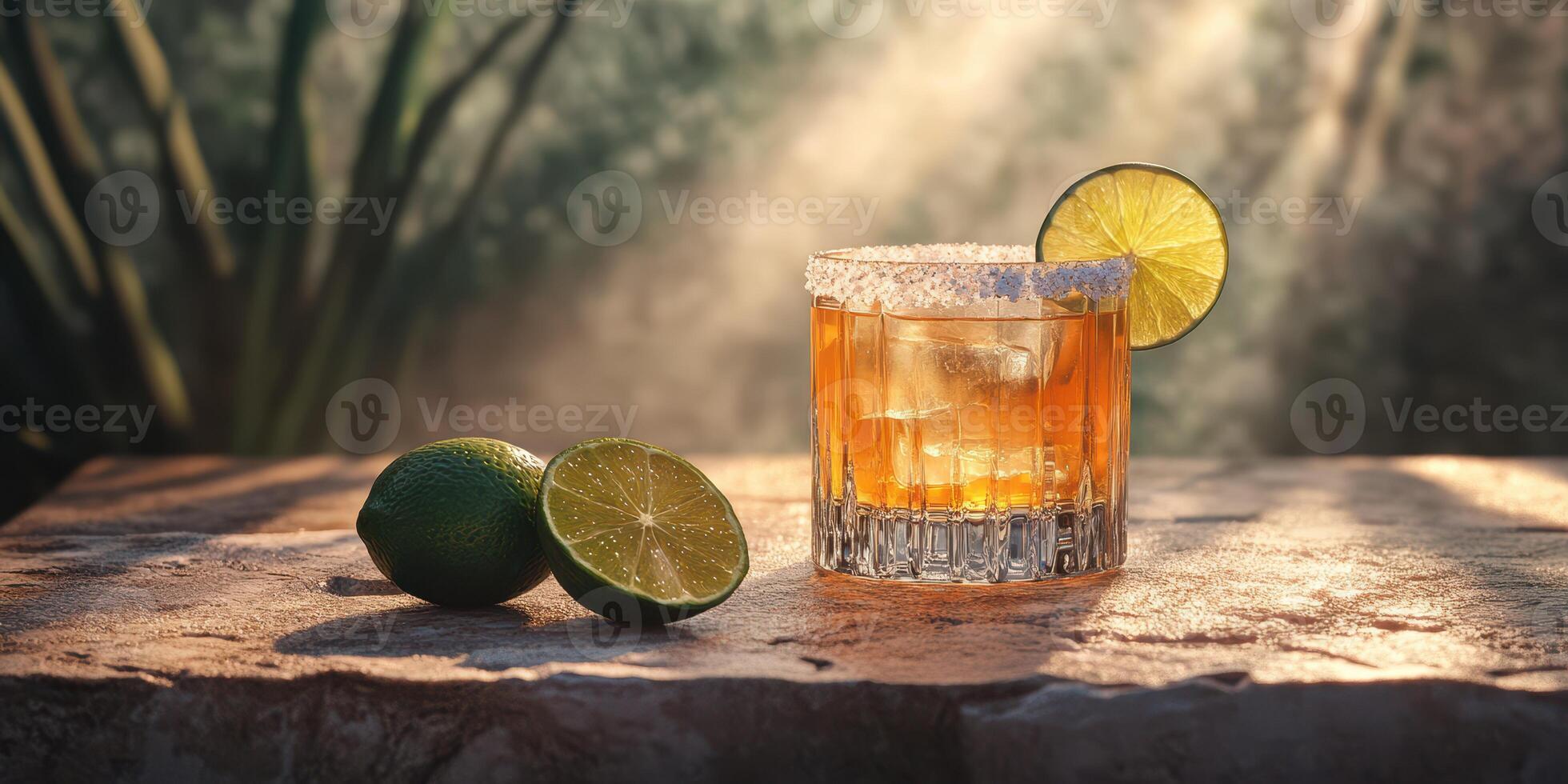 Refreshing cocktail sits on a stone surface with lime halves beside it in a sunlit outdoor setting during late afternoon photo