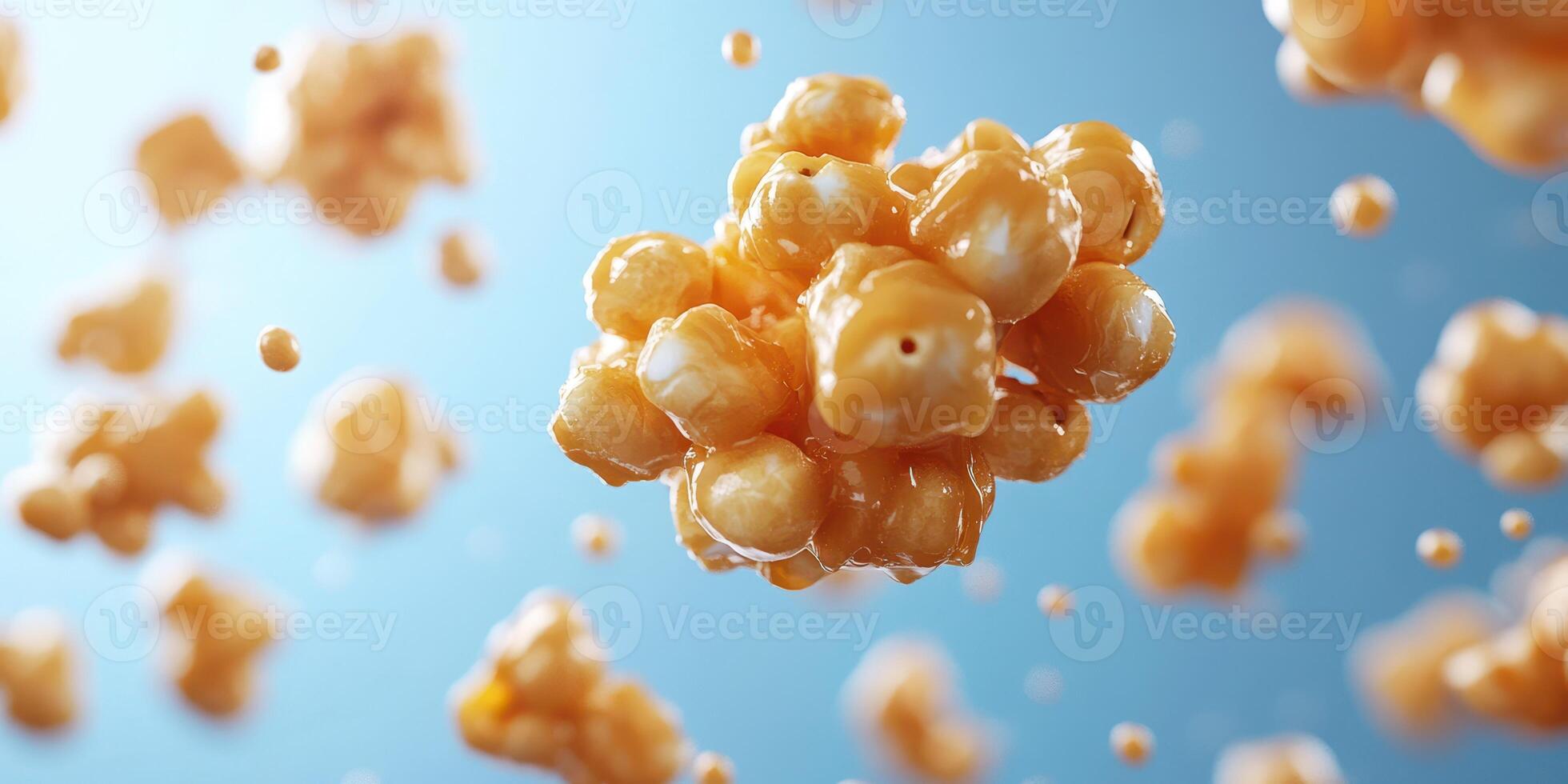 Delicious popcorn clusters floating against a blue background creating a whimsical and mouth-watering visual display photo