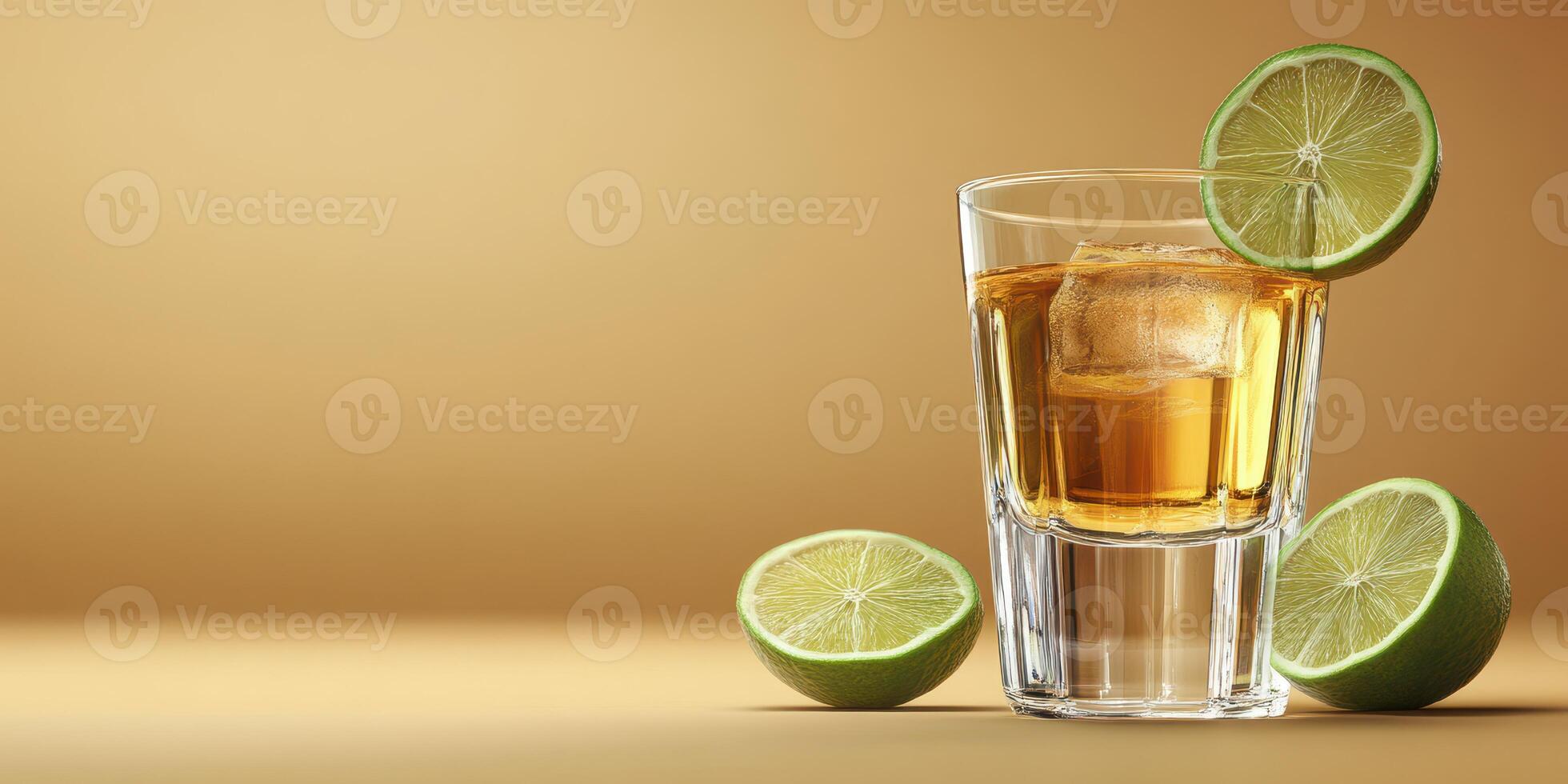 Golden cocktail with lime slices on a wooden surface in a warm setting photo