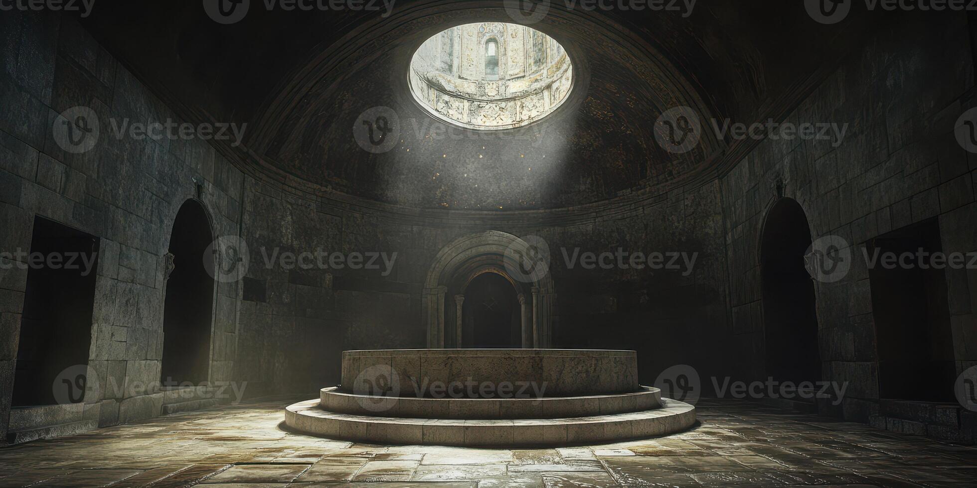Evocative interior of an ancient stone structure with a circular skylight illuminating a central platform photo