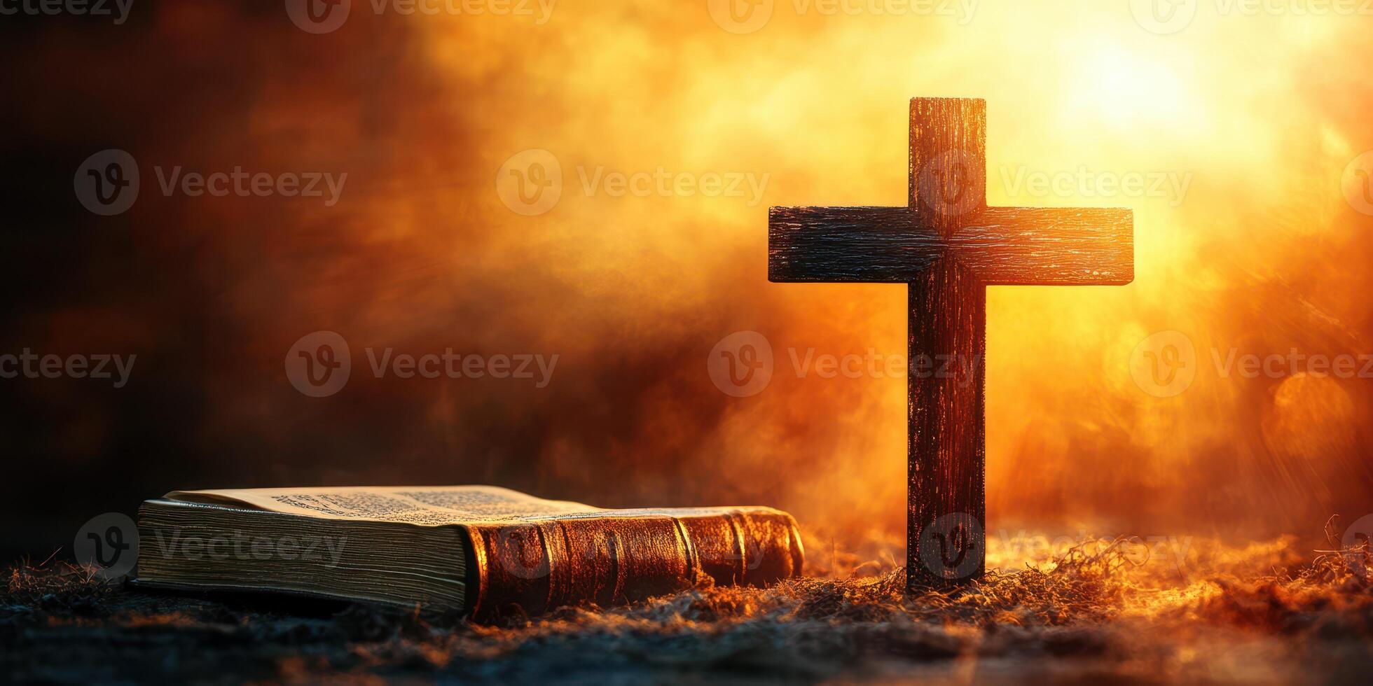 Cross and Bible symbolizing faith during a serene sunset in a reflective moment of devotion photo