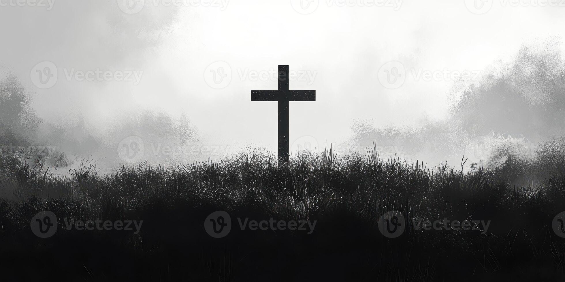 Cross stands alone on a misty hill under gray clouds at dawn photo