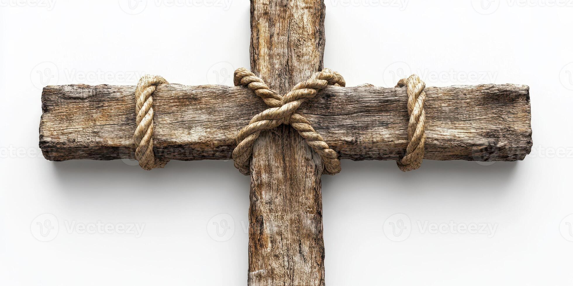 Rustic wooden cross with rope detailing displayed against a light background photo