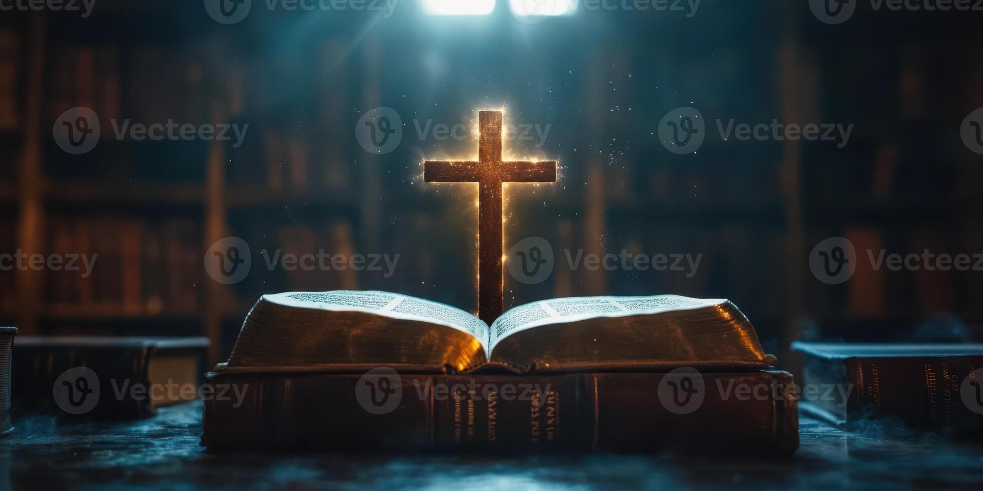 Light illuminating a cross above an open Bible in a quiet library setting during a serene evening photo