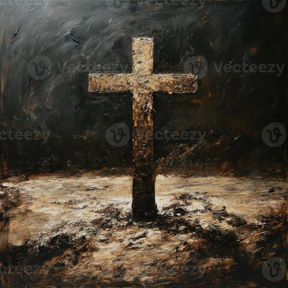 Artistic depiction of a wooden cross standing in a dark and textured landscape during twilight photo