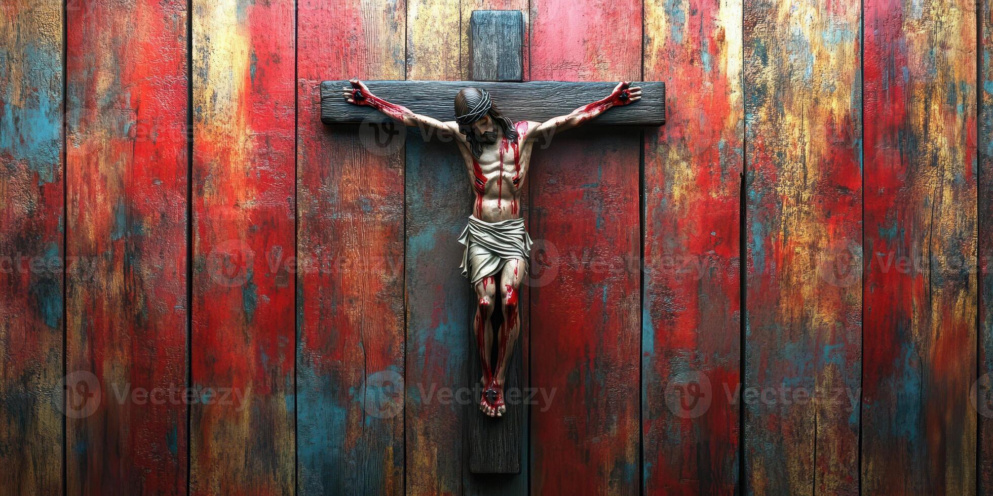 Detailed depiction of crucifixion artwork on a rustic, multicolored wooden background in a serene setting photo