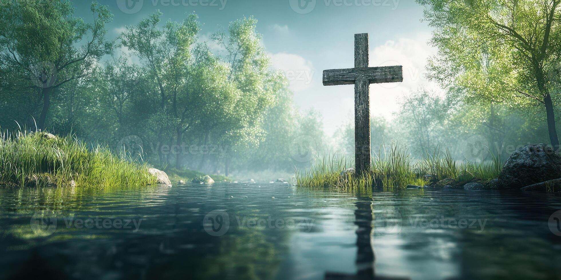 Mystical waters reflect an ancient wooden cross surrounded by lush greenery in serene early morning light photo