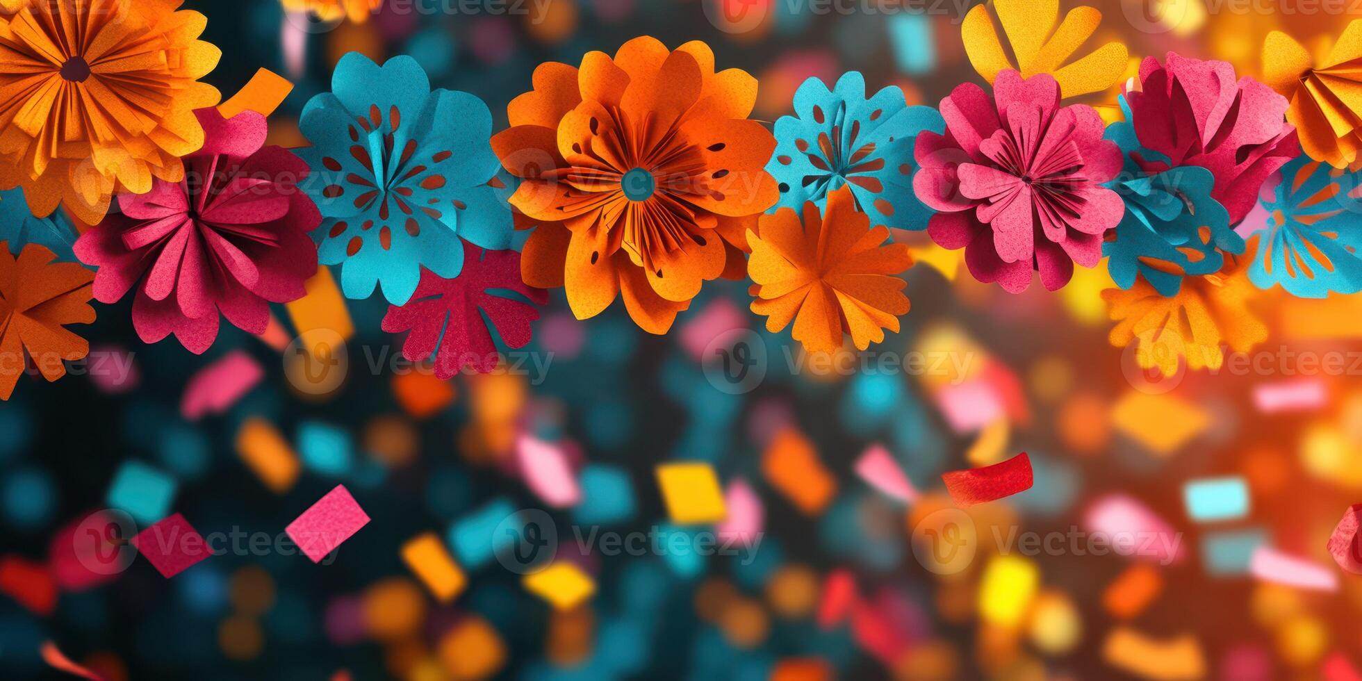 Colorful paper flowers and confetti create a festive atmosphere for celebrations and parties in a lively setting photo