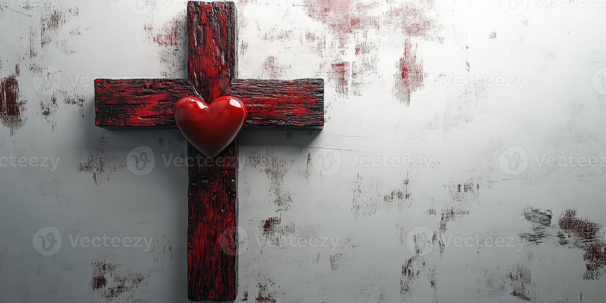 Wooden cross with a red heart displayed on a textured white wall creating a striking religious symbol photo