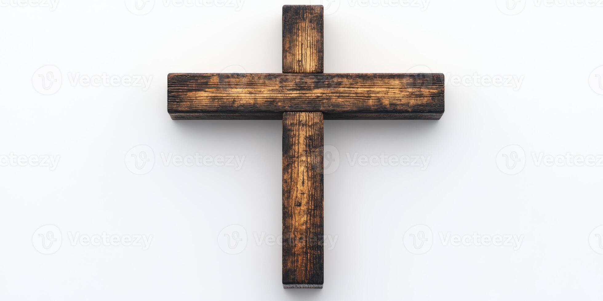 Wooden cross positioned against a simple white background symbolizes faith and spirituality in a serene manner photo