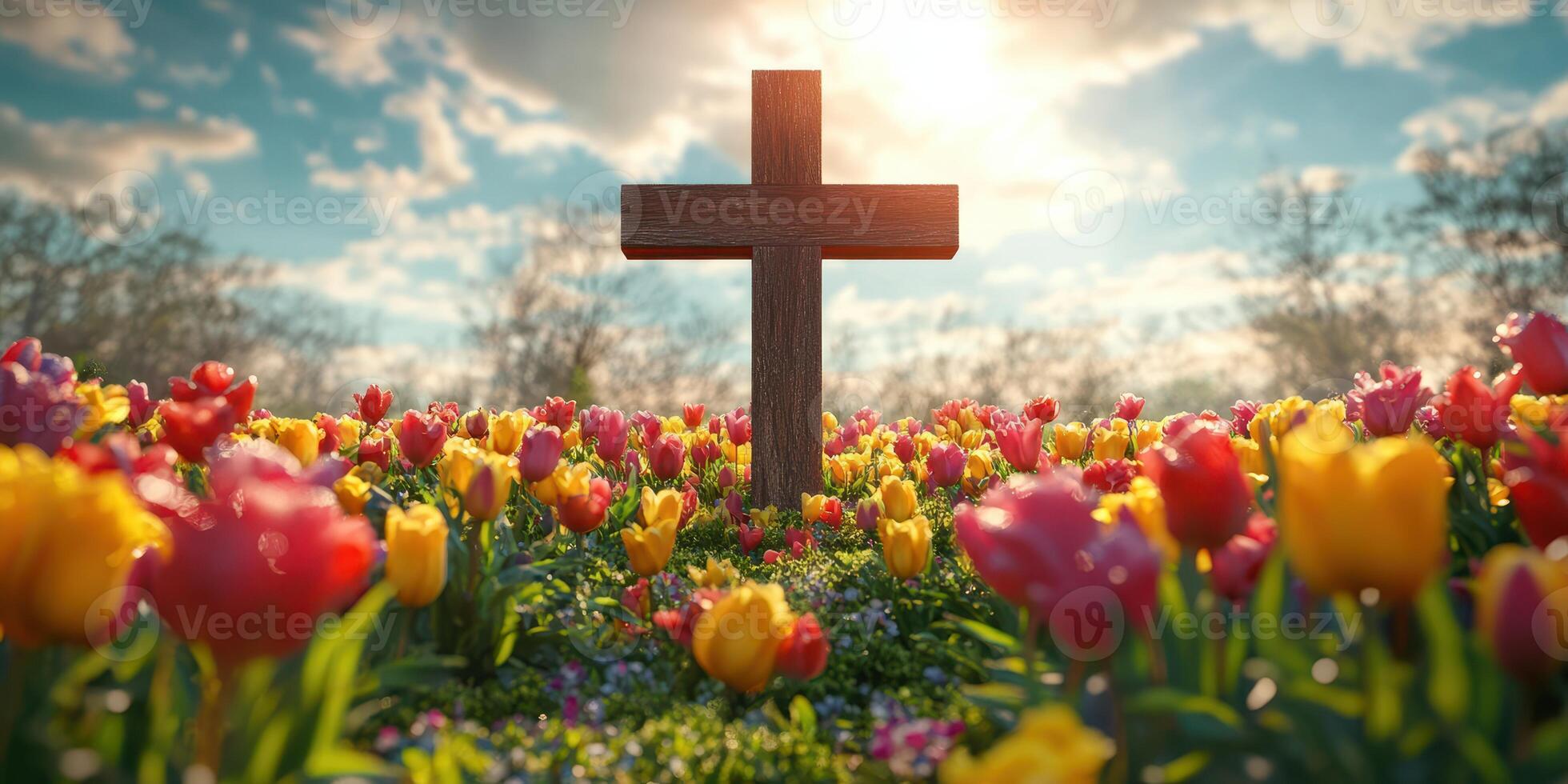 Cross stands tall in colorful tulip field under a bright sky at sunset photo