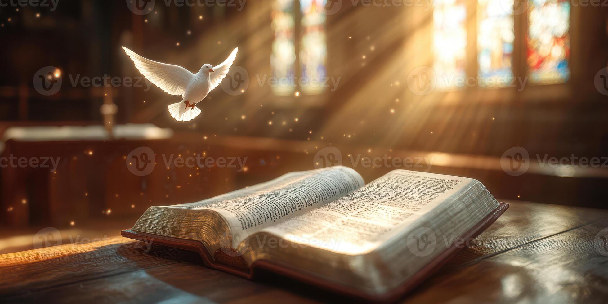 Book lying open on a wooden table with a white dove flying above, illuminated by warm sunlight in a serene setting photo