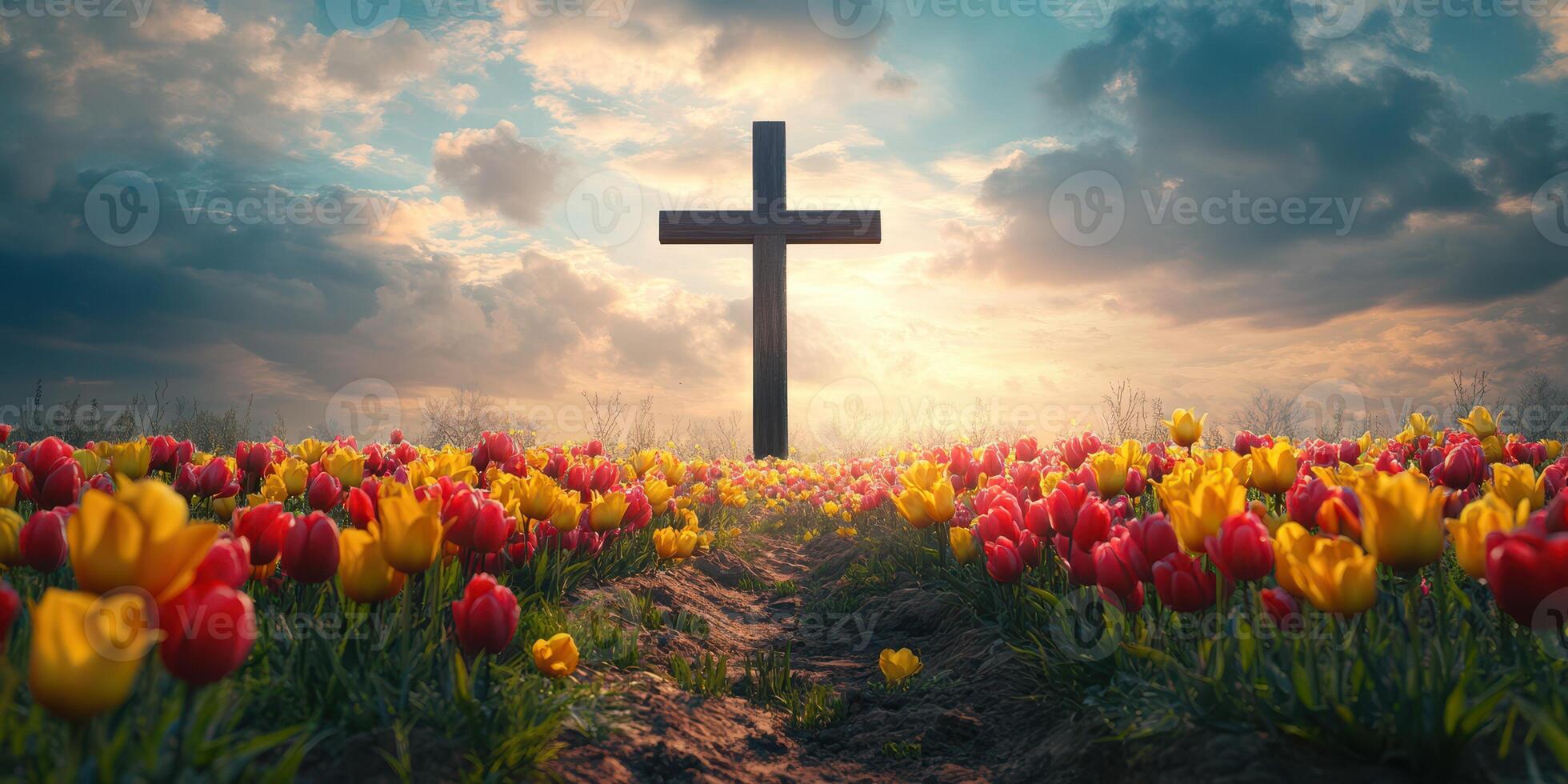 Beautiful spring landscape with a wooden cross surrounded by colorful tulips at sunset photo