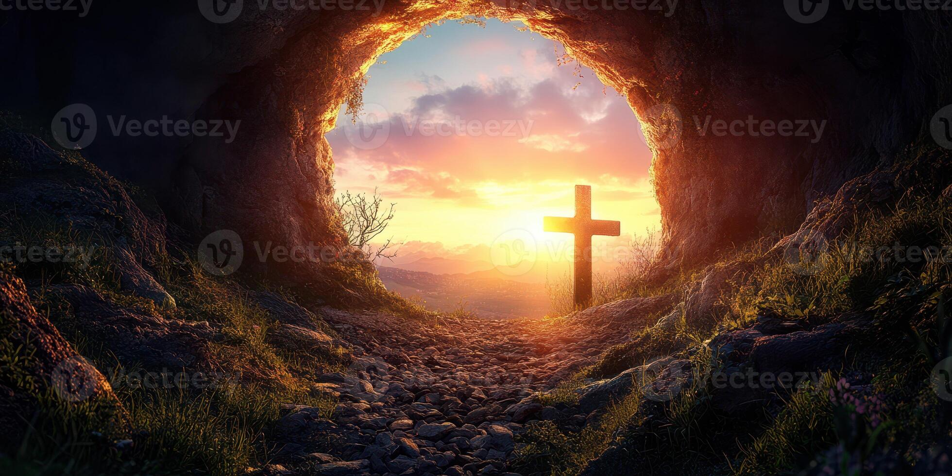 Sunrise illuminates a cave with a cross symbolizing hope and renewal in a serene landscape photo