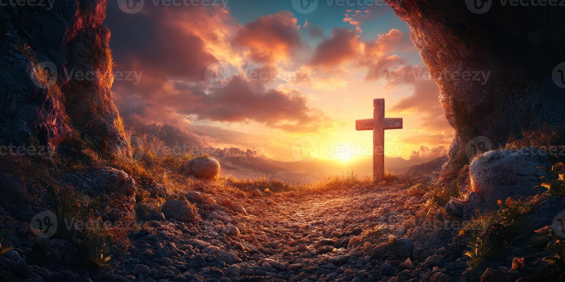 Cross standing in a cave at sunrise overlooking a lush landscape with dramatic clouds photo
