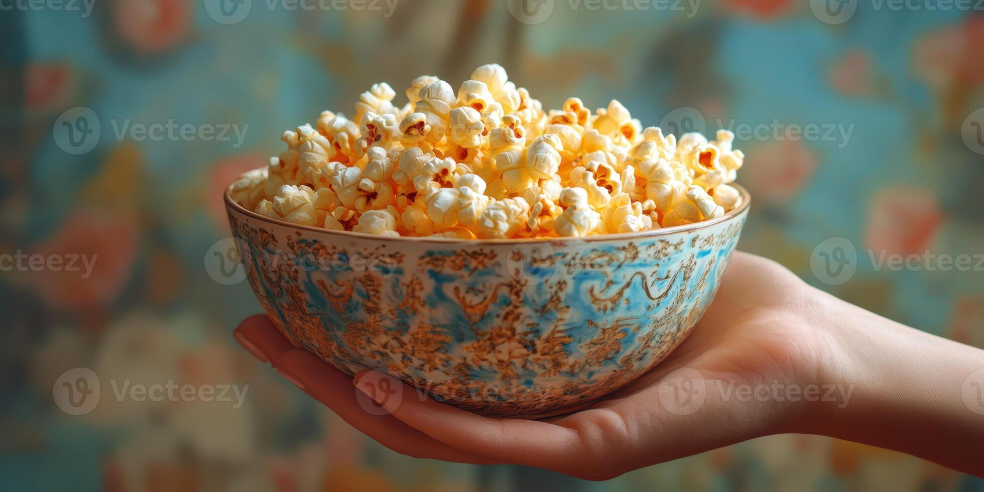 Hand holding a decorative bowl filled with freshly popped popcorn against a colorful backdrop photo
