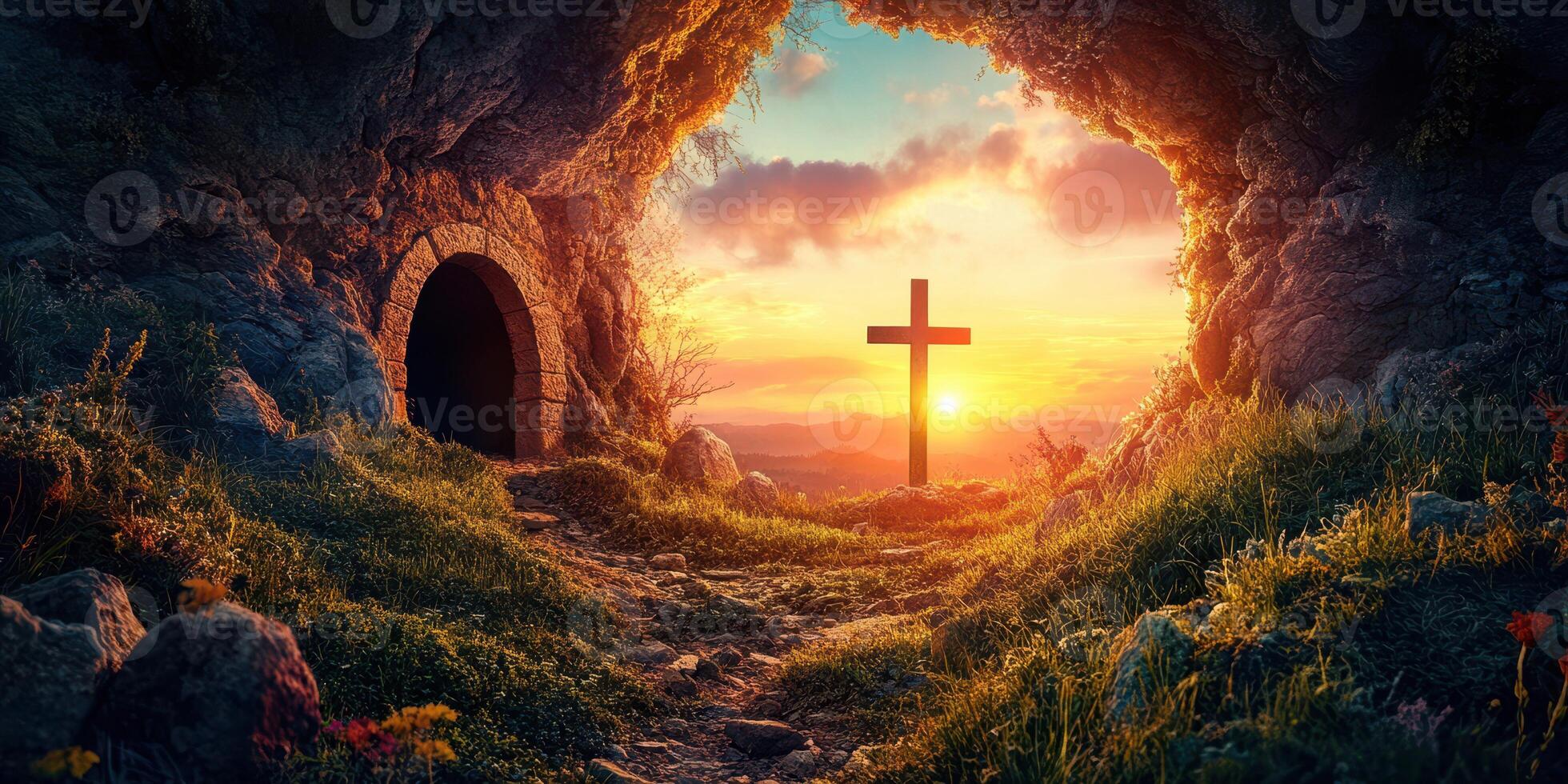 Sunrise at the entrance of a historical cave with a cross and lush greenery in a serene landscape during early morning hours photo