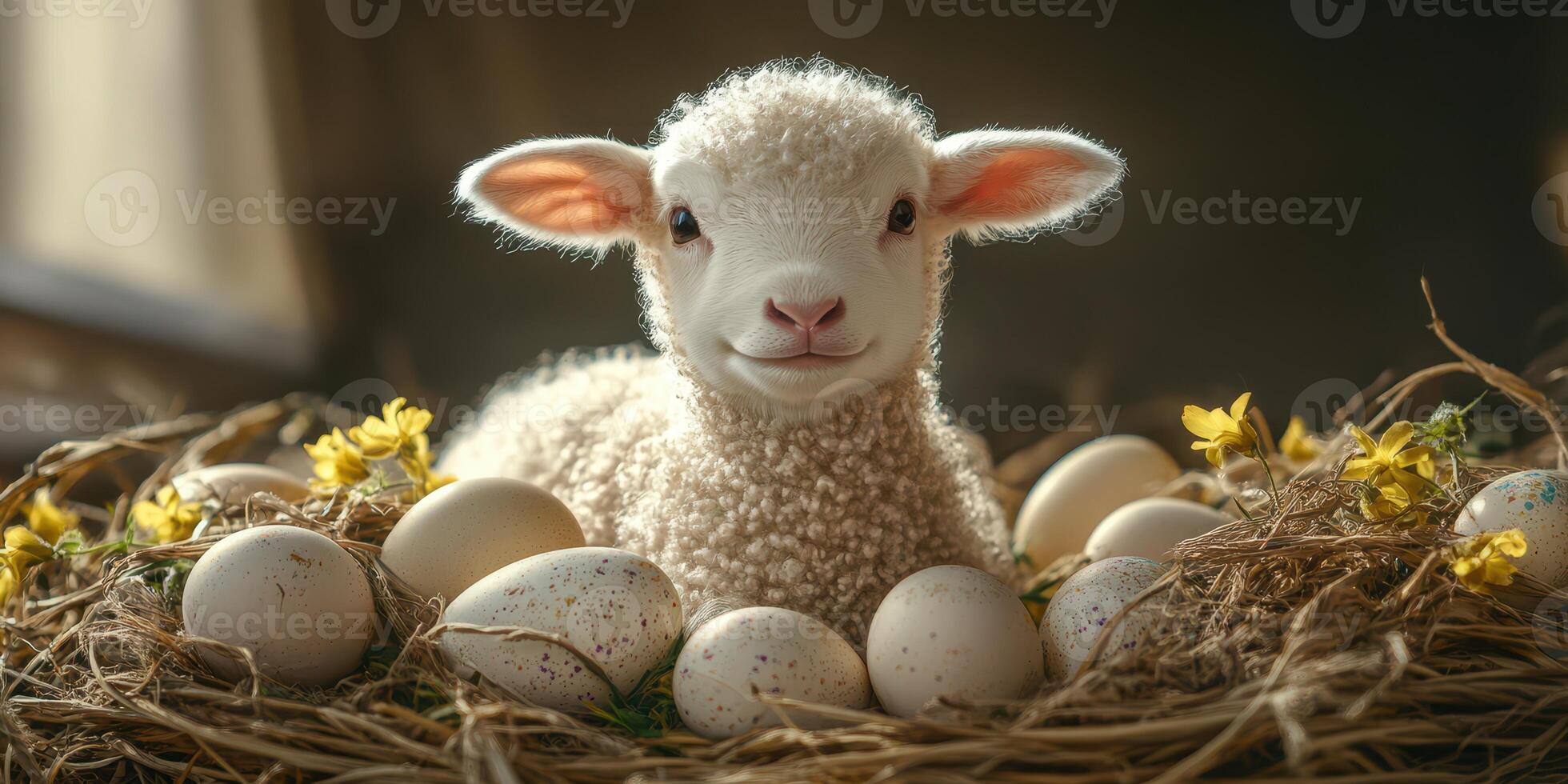 Cute lamb sitting among eggs and flowers in a cozy nest during springtime photo