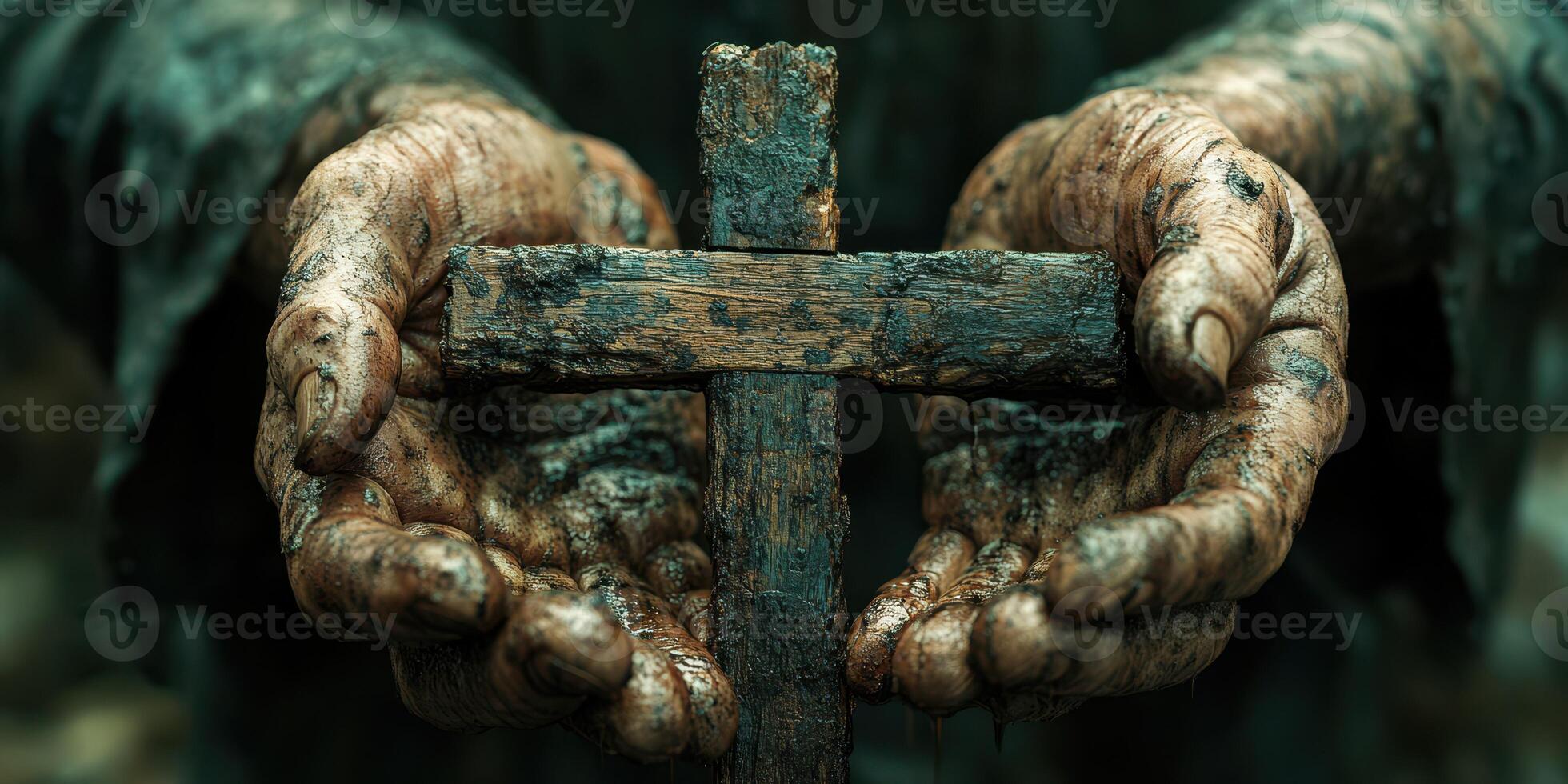 Hands holding a weathered wooden cross covered in dirt during a solemn outdoor setting photo