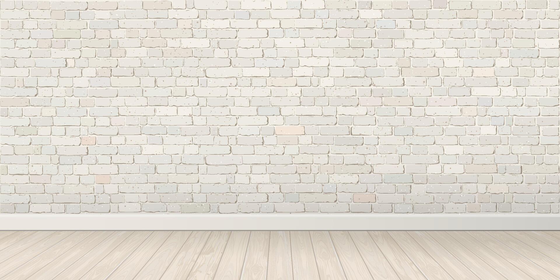 Empty room with old white brick block wall and whitewashed wooden floor fade condition graphic illustration have blank space. vector