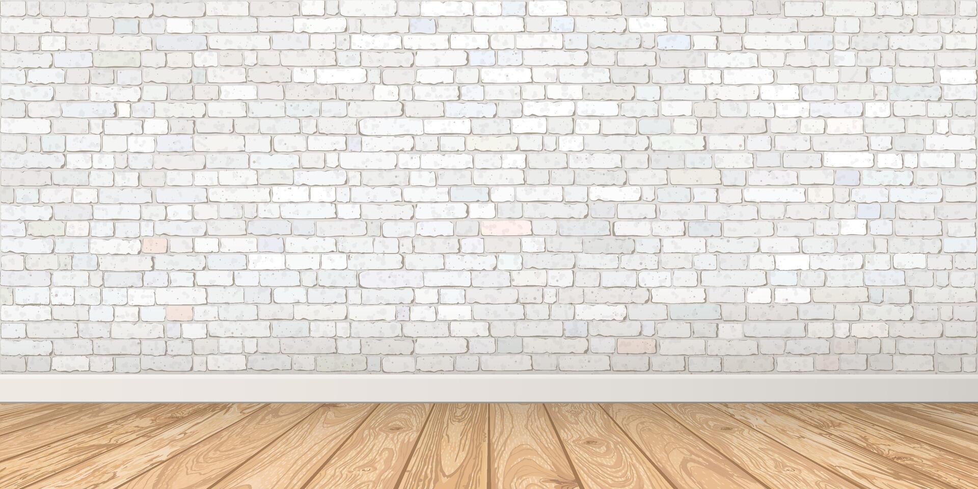 Empty room with old white brick block wall and whitewashed wooden floor graphic illustration. vector
