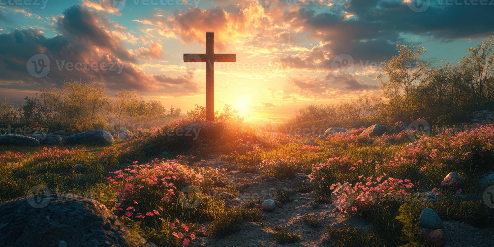 Cross in a tranquil meadow at sunset with colorful flowers and a vibrant sky photo