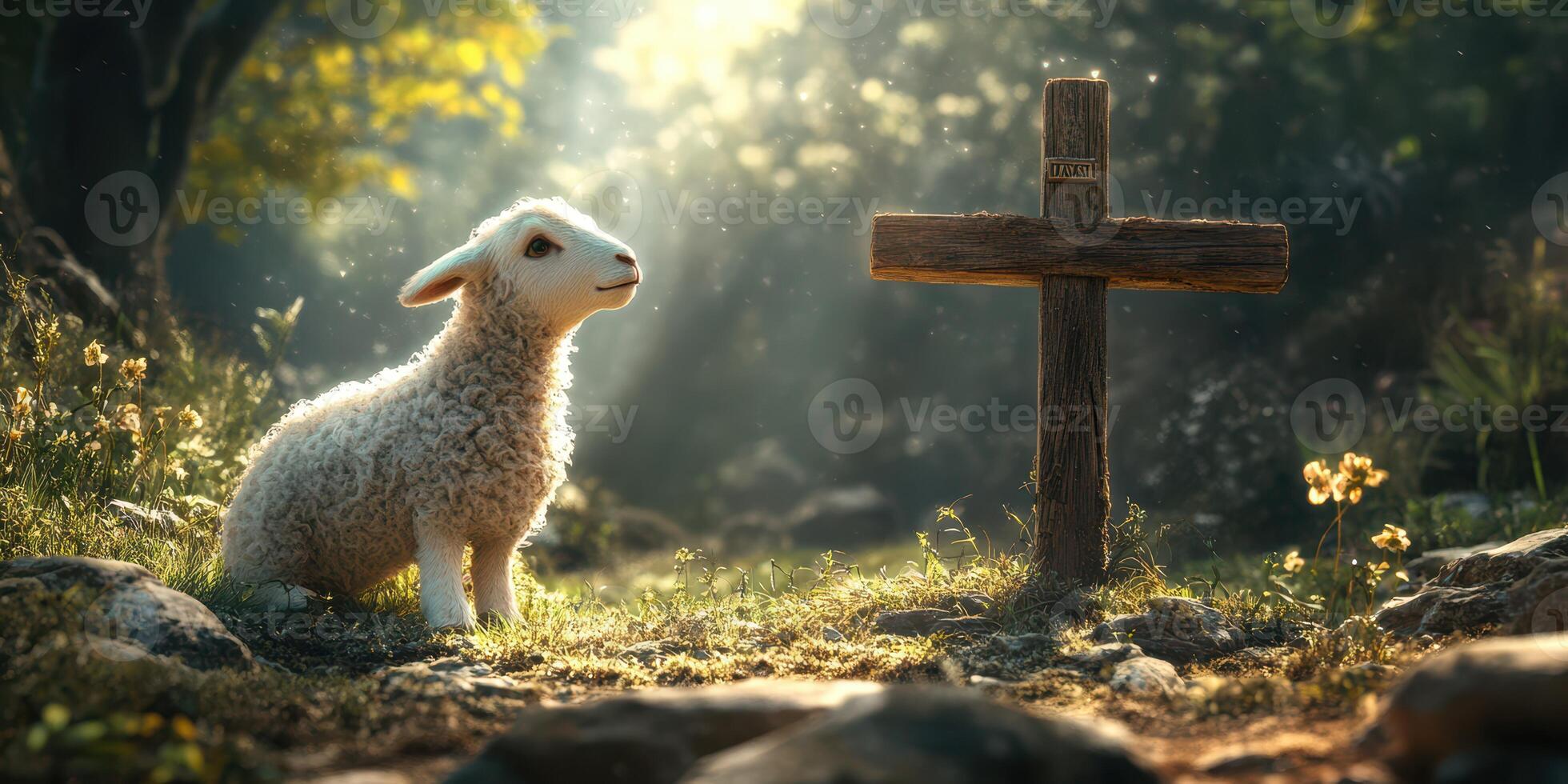 Cute lamb gazes thoughtfully at a rustic wooden cross in a serene forest during golden hour photo