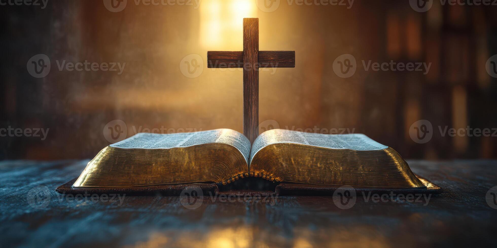 Bible open on a wooden table with a glowing cross highlighted in the background during early morning light photo