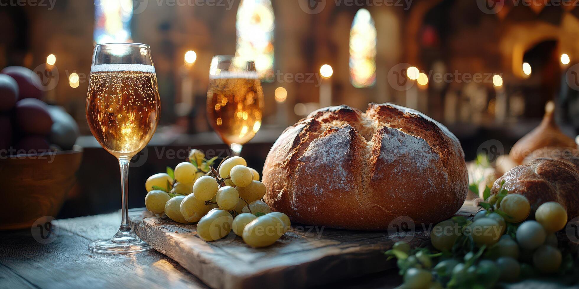 Bread, grapes, and sparkling beverages arranged elegantly in a candlelit dining setting photo