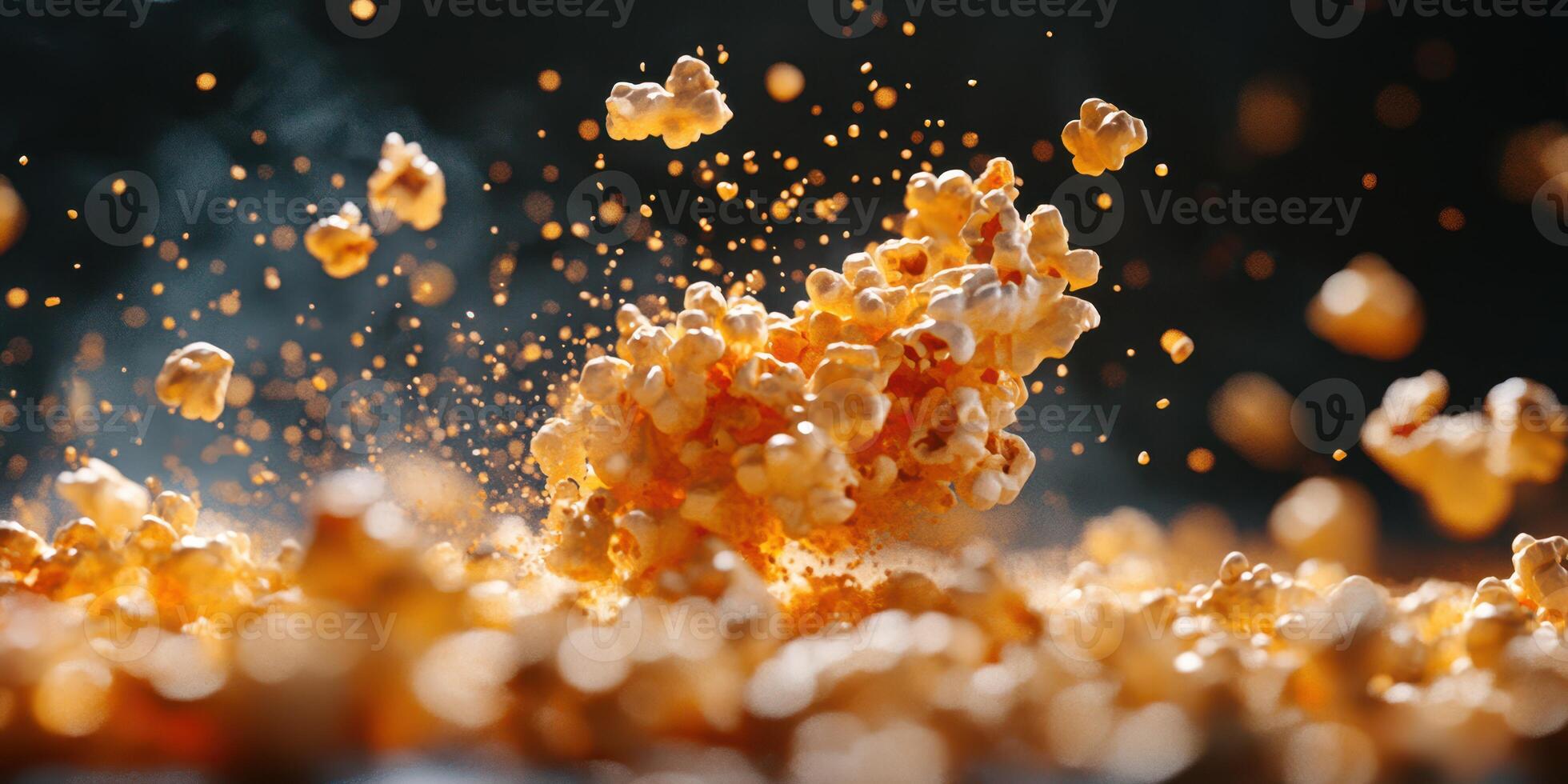 Popcorn bursts with energy in a dramatic display of flavor at a movie night celebration photo