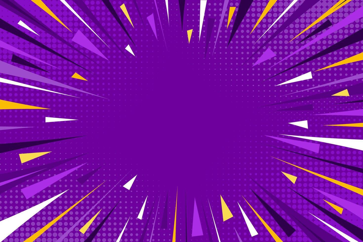 Pop art comic purple background. Modern creative purple background with halftone and speed lines and rays. Speed zoom backdrop in purple, white and yellow tones vector