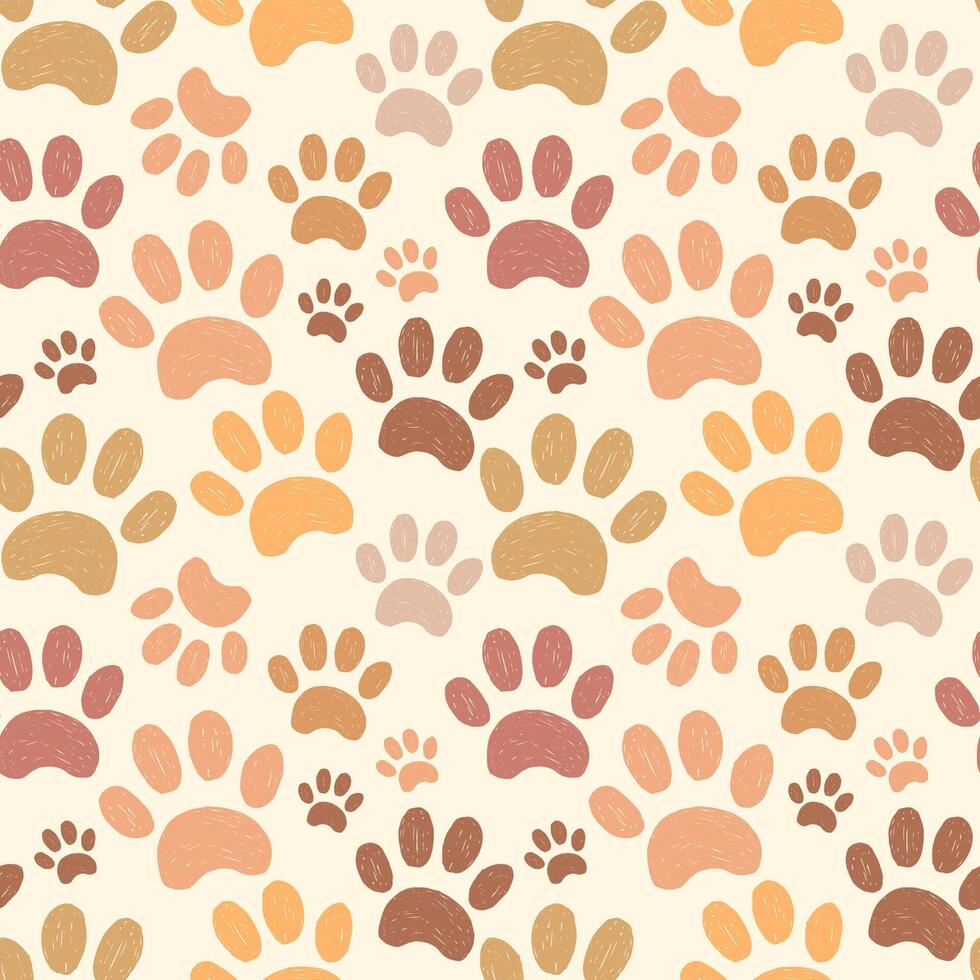 Paw animal print seamless pattern drawn in pencil or crayon style. Fun trendy crayon pattern with pet paw prints. Drawn manual on paper vector