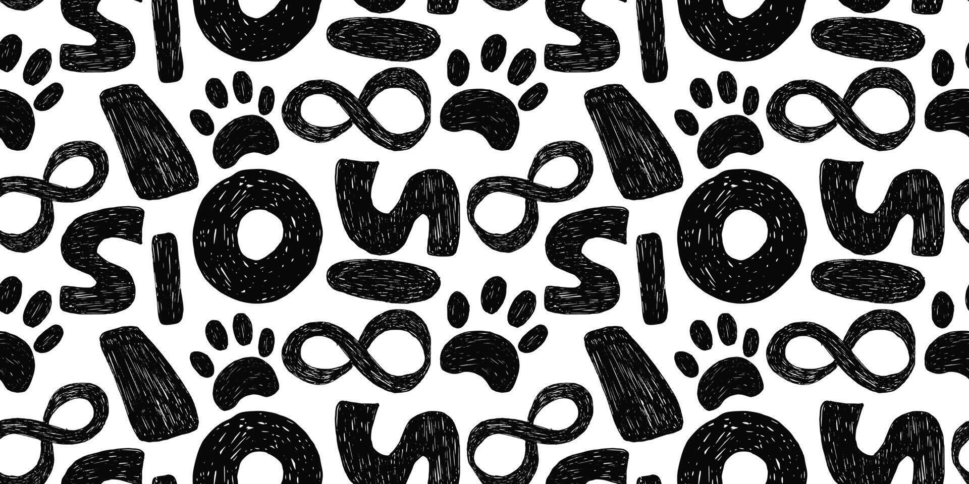 Black seamless pattern with bold groovy geometric bizarre shapes in trendy crayon drawing style. Bold pencil abstract shapes. vector