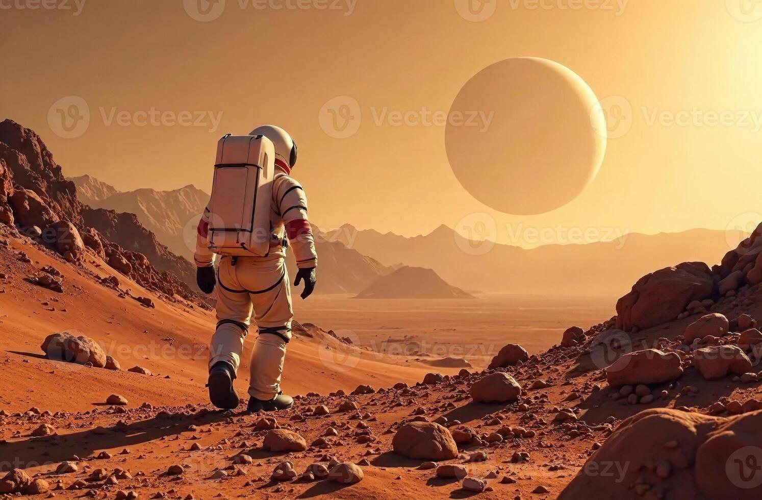 Astronaut obscure stand on ground planet and looking large satellite space photo