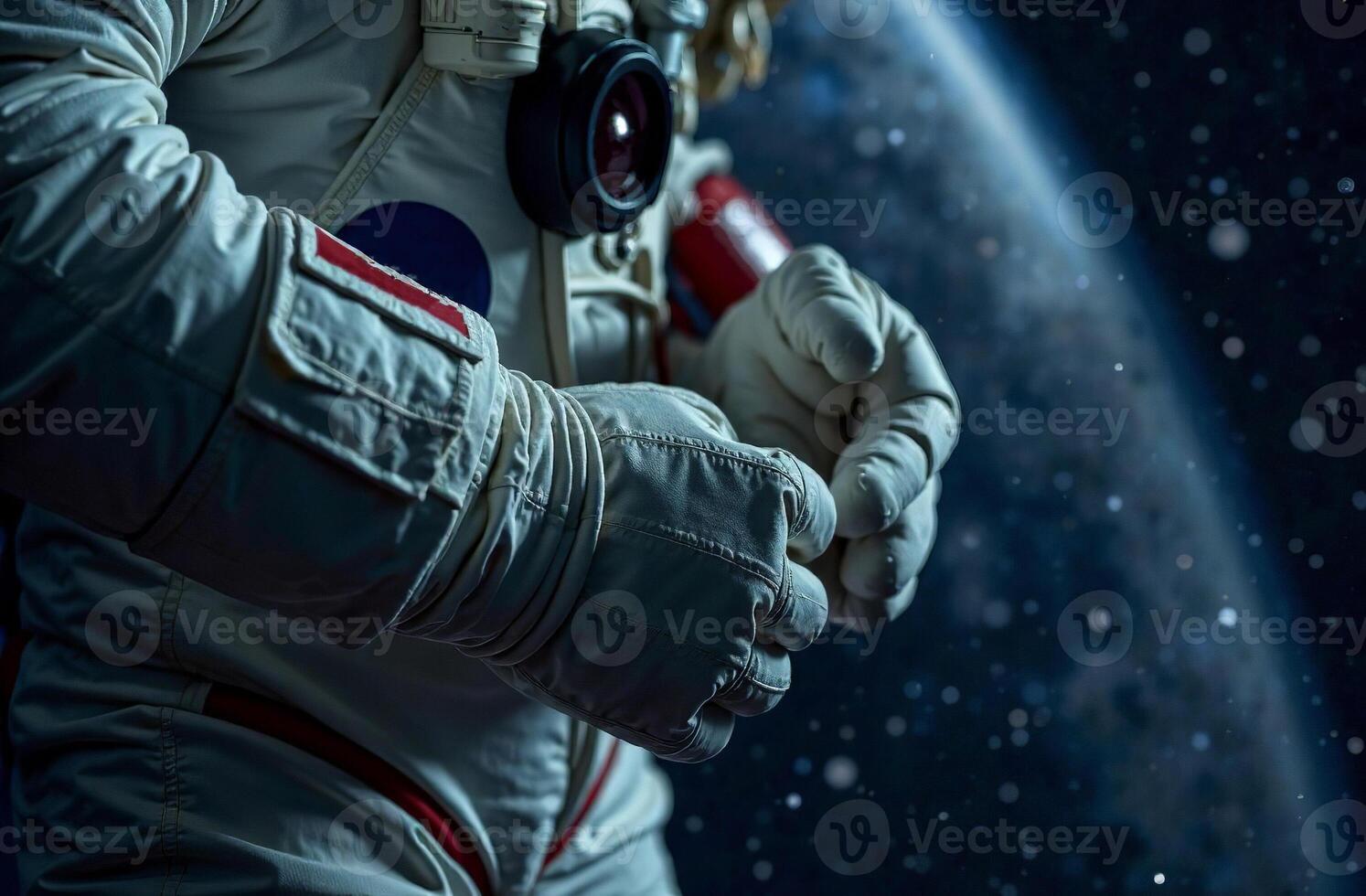 Astronaut spacesuit outer space flies zero gravity close up hands photo