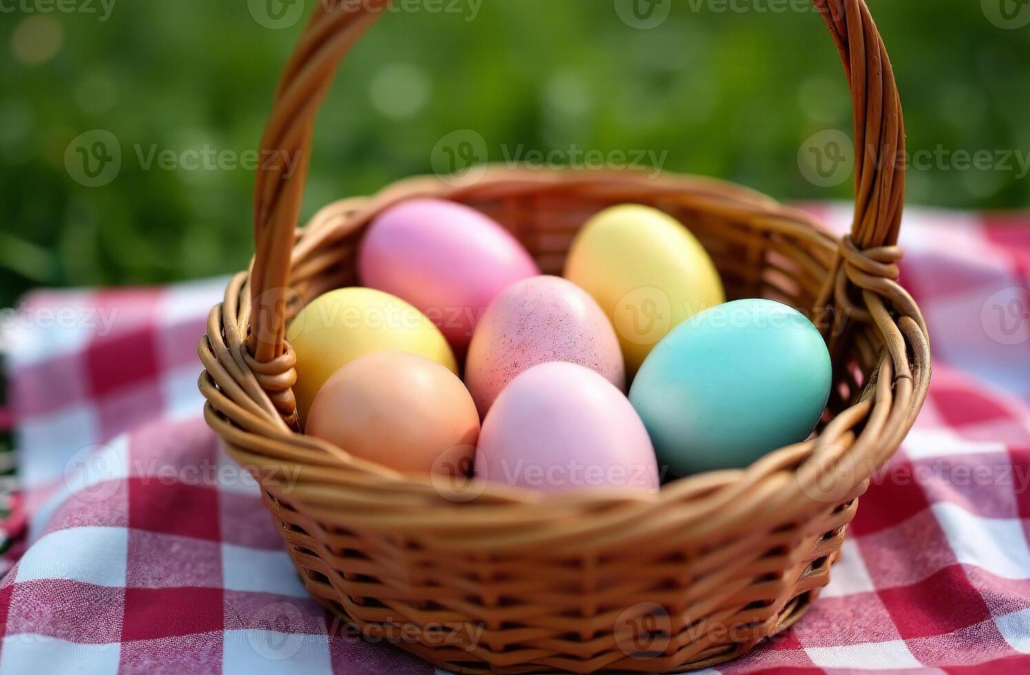 Colorful Eggs wicker cute basket green meadow Background, Easter Card photo