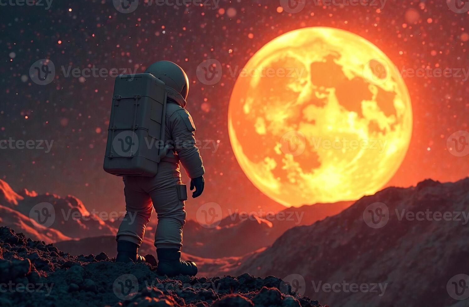 Astronaut stand on ground planet and looking large satellite space dark photo