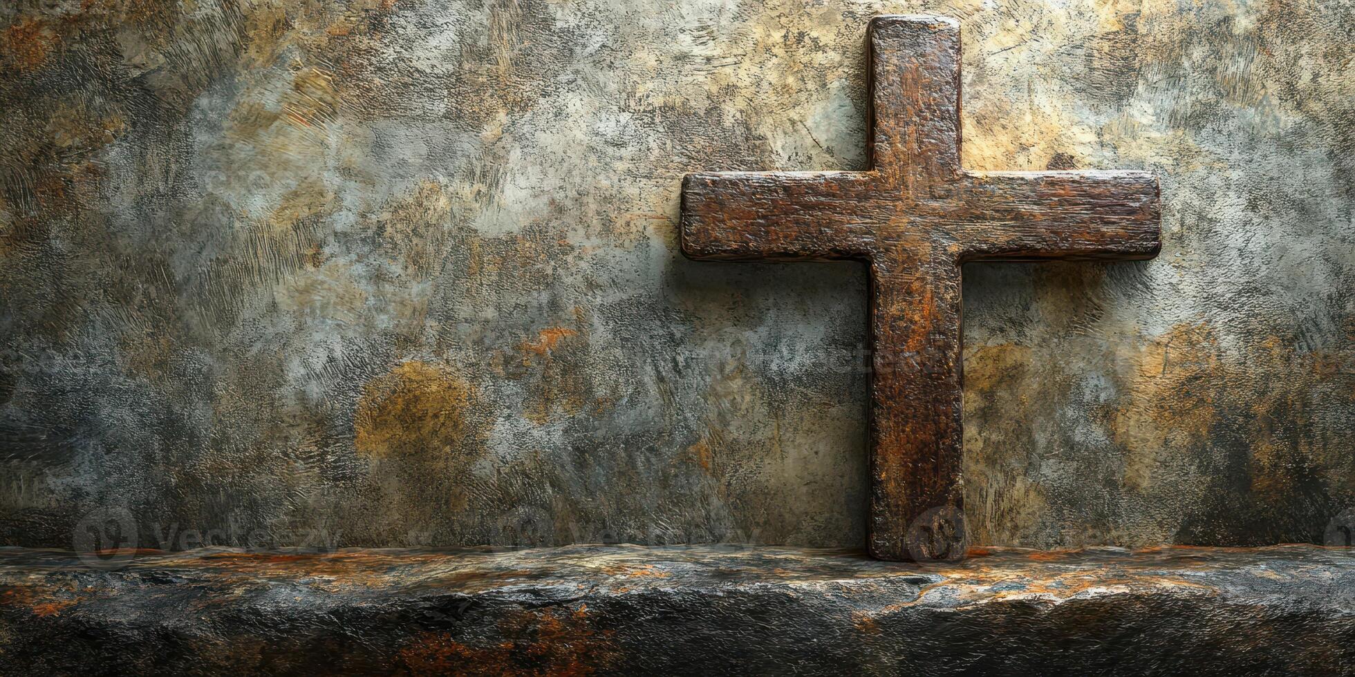 Rustic cross on a worn stone altar against a textured wall capturing a sense of solemnity and heritage in a dimly lit space photo