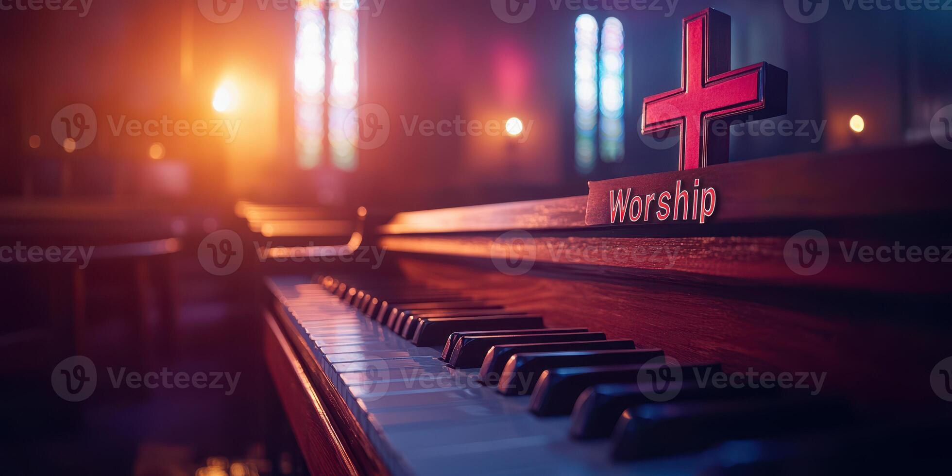 Piano in a dimly lit church with a red cross and worship sign during an evening service photo