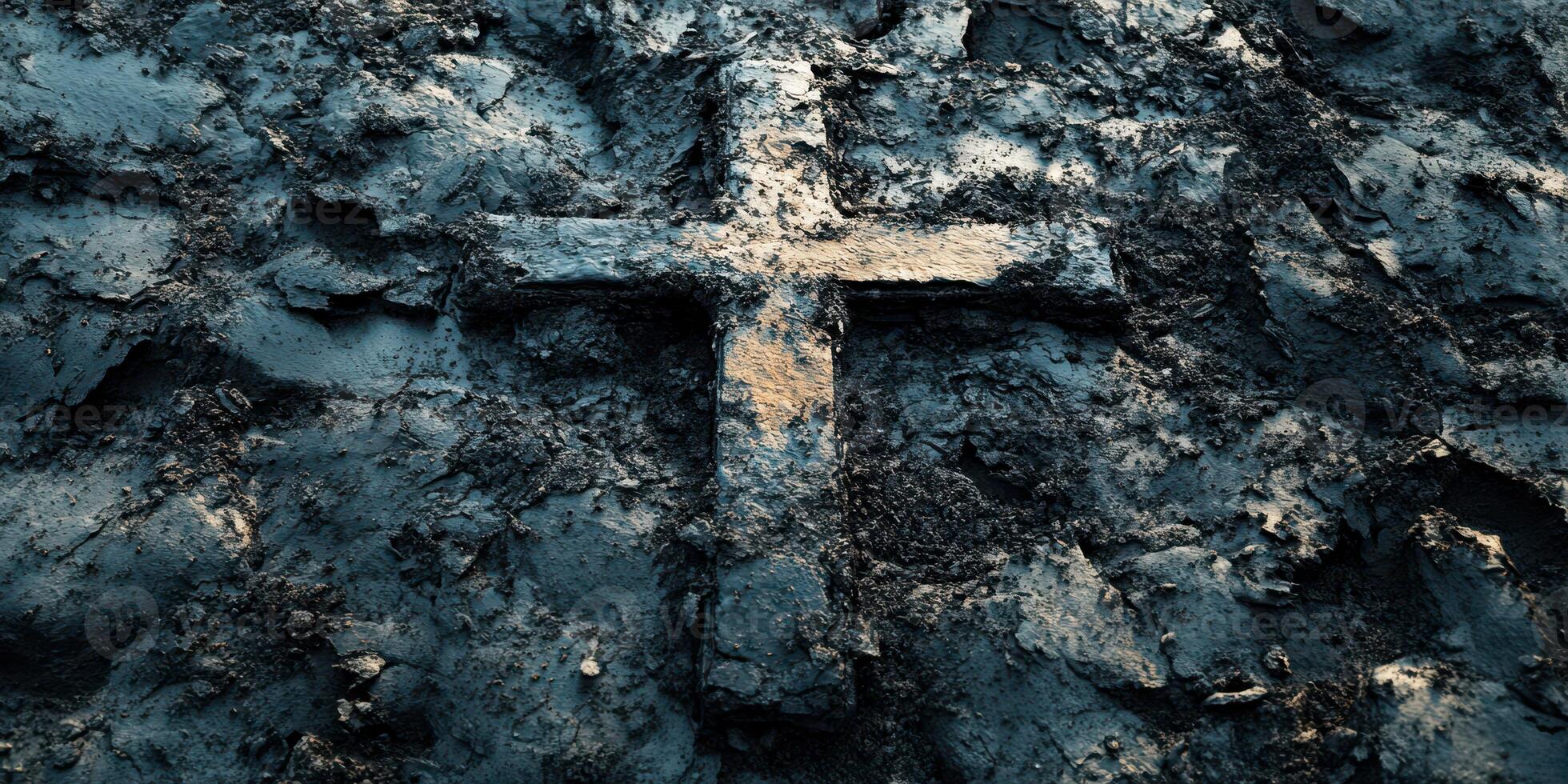 Cross embedded in dark earth surrounded by rough texture and shadows during a quiet moment in nature photo