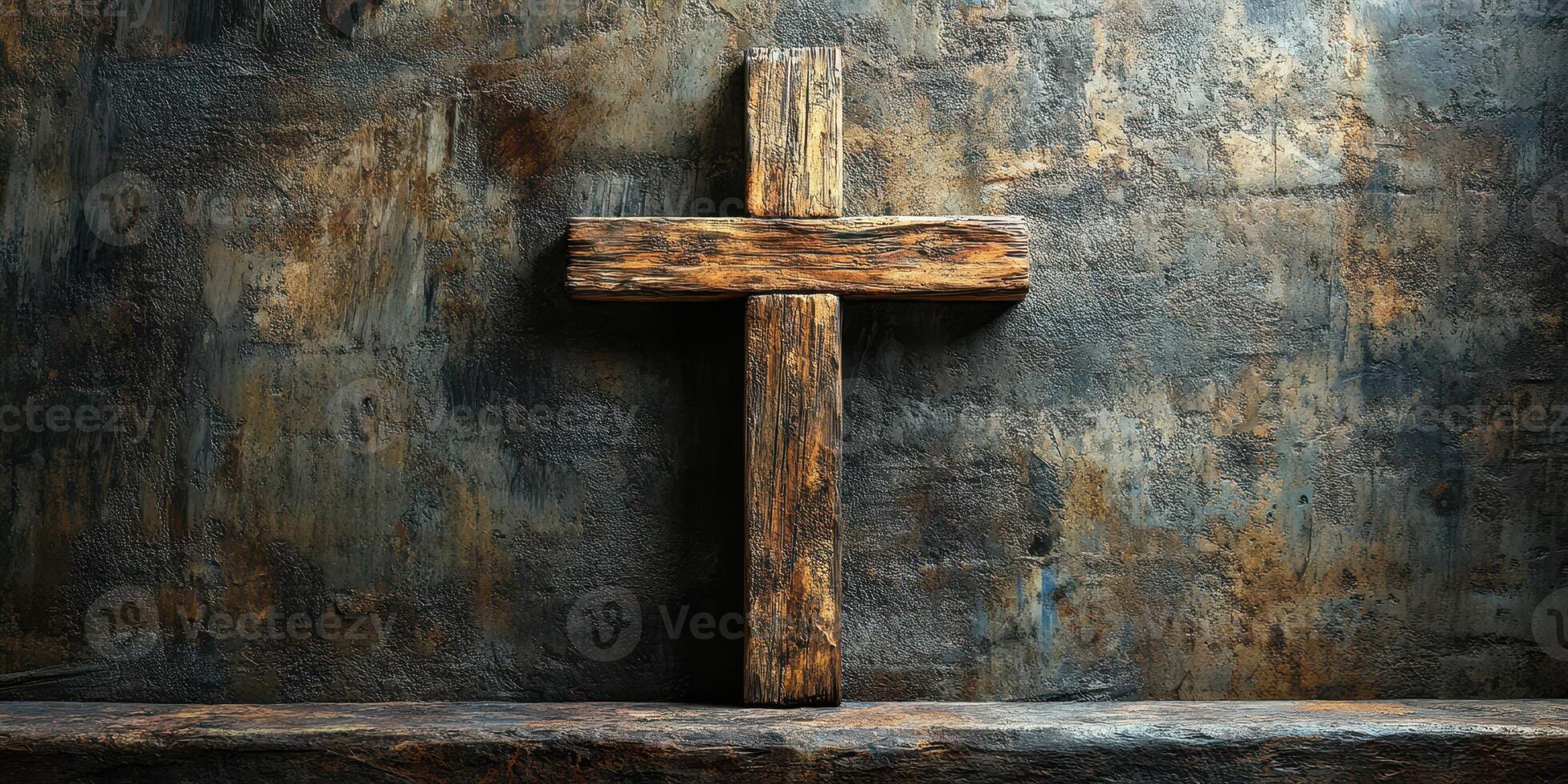 Wooden cross displayed against a textured wall in a serene and reflective environment photo