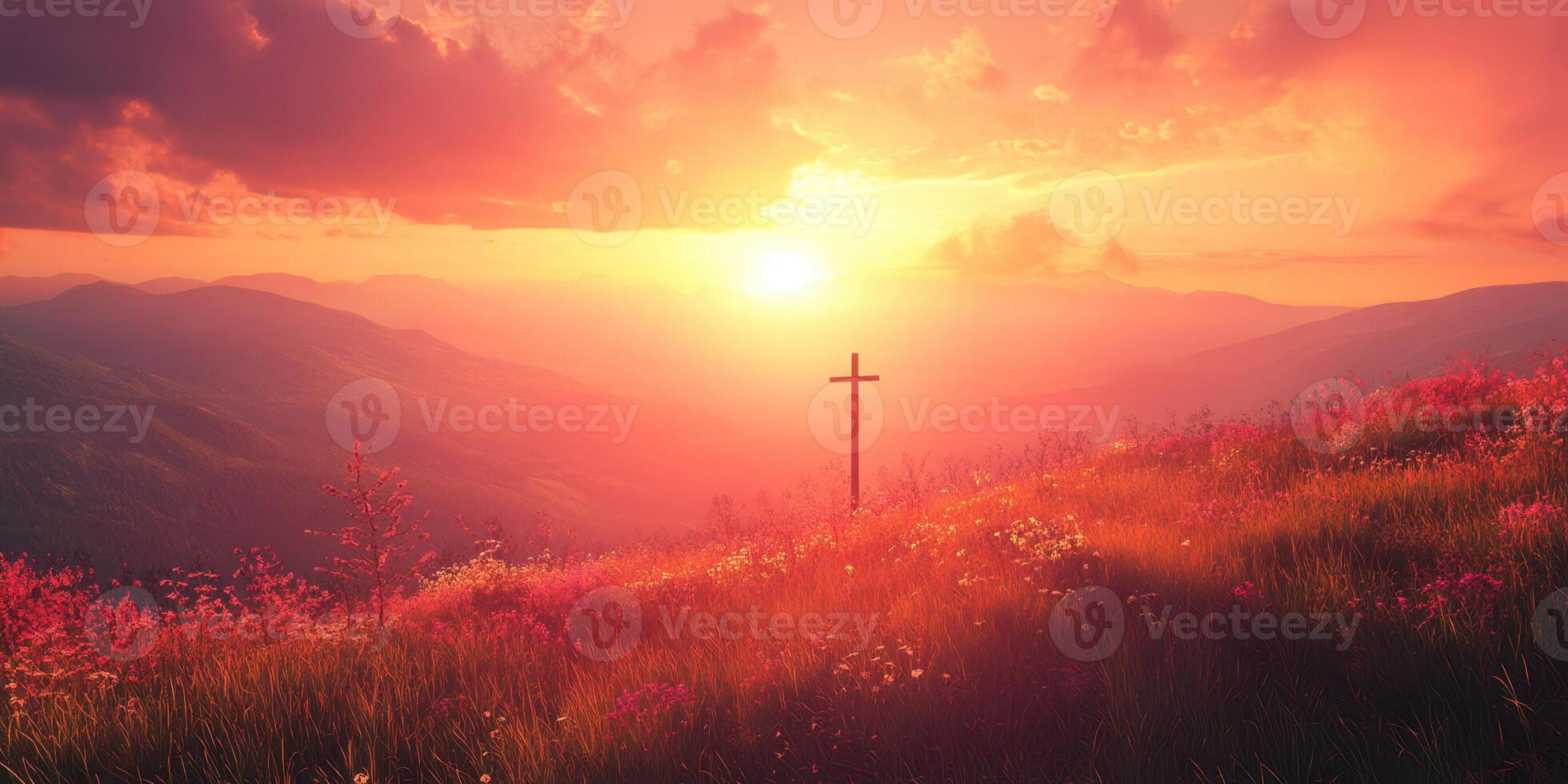 Sunset over mountains with a cross in a serene landscape filled with flowers and vibrant colors photo