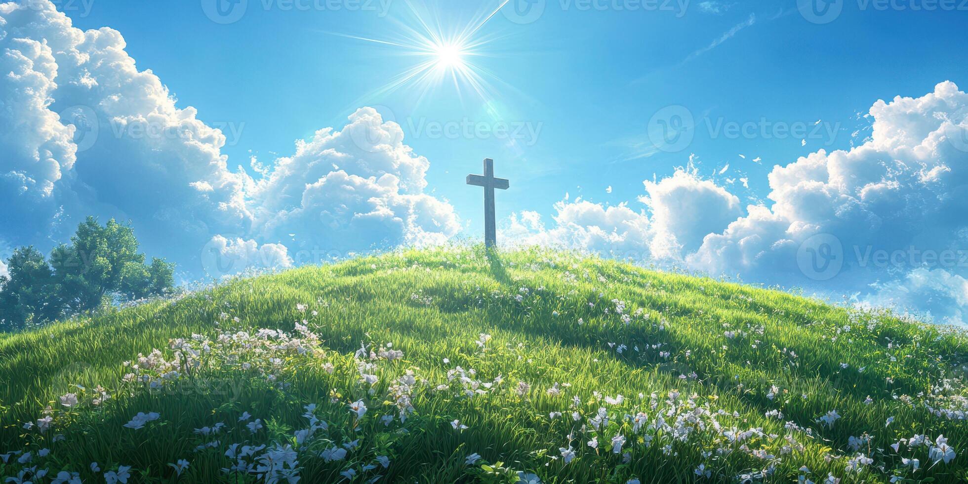 Serenity at the hilltop with a cross under a bright sunlit sky surrounded by blooming flowers photo