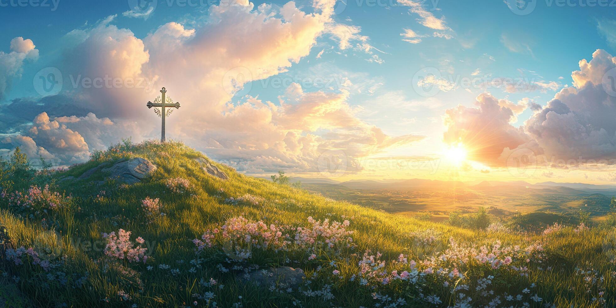 Beautiful sunset over a tranquil meadow with a cross at the summit in a serene landscape photo