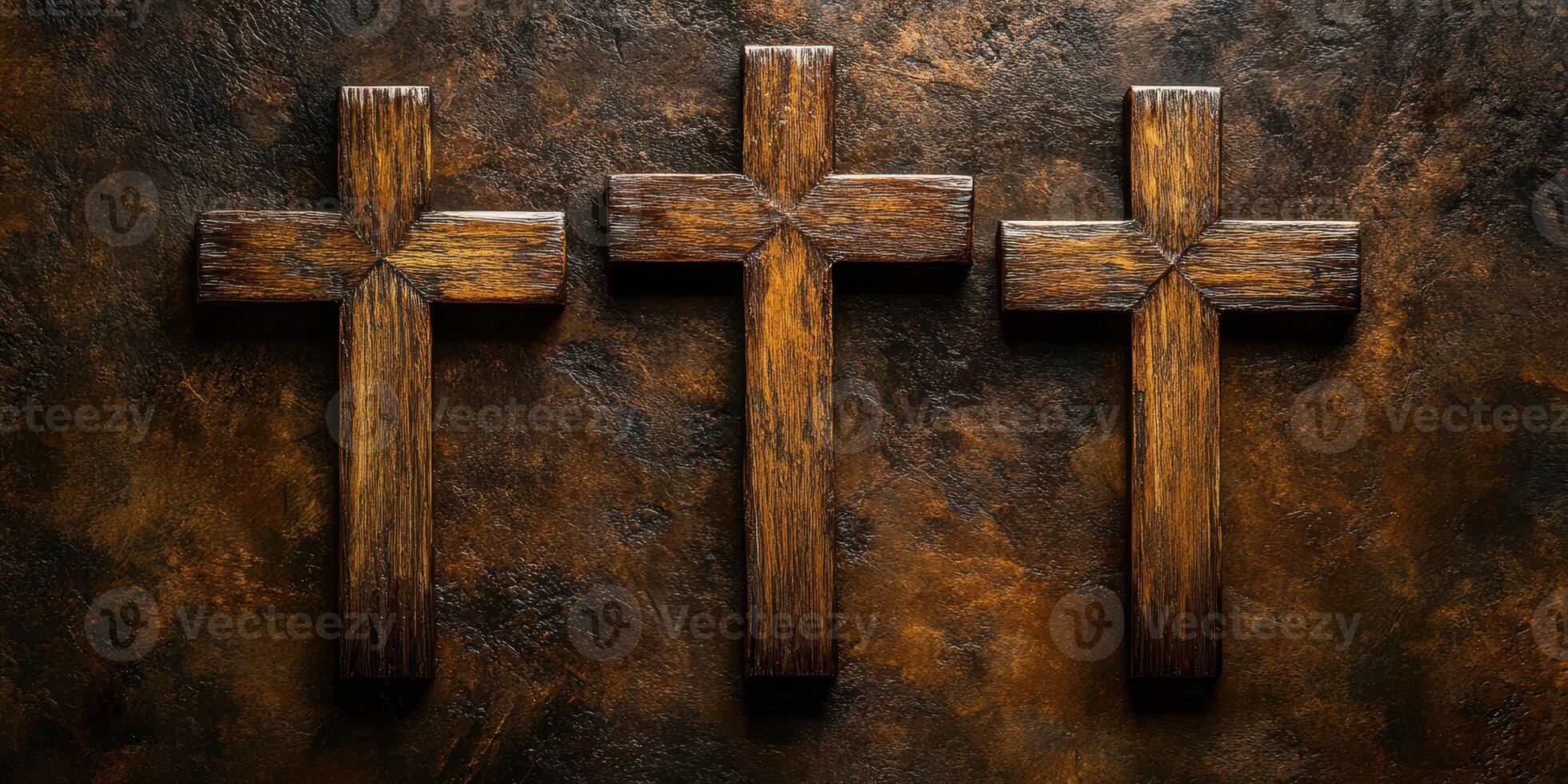Wooden crosses displayed on a textured dark background in an artistic arrangement showcasing craftsmanship and spirituality photo
