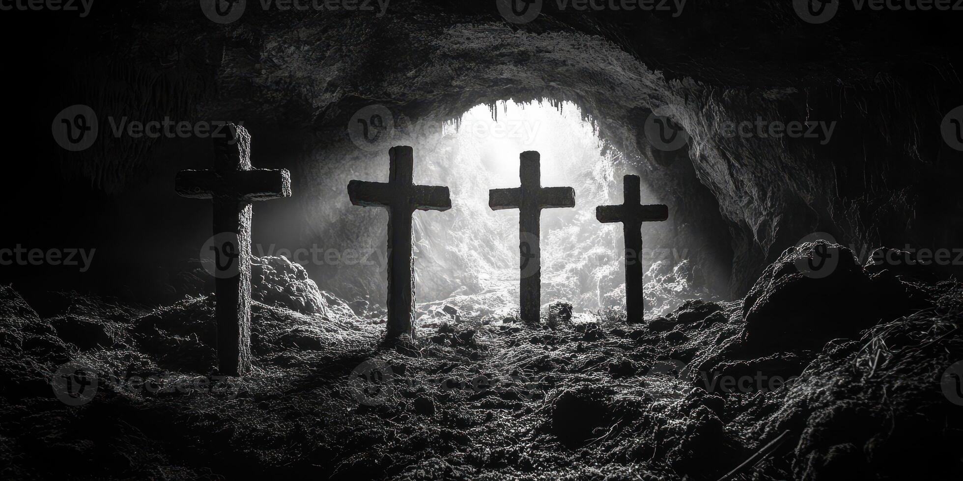 Crosses stand in a dark cave illuminated by soft light from the entrance, creating a somber yet serene atmosphere photo