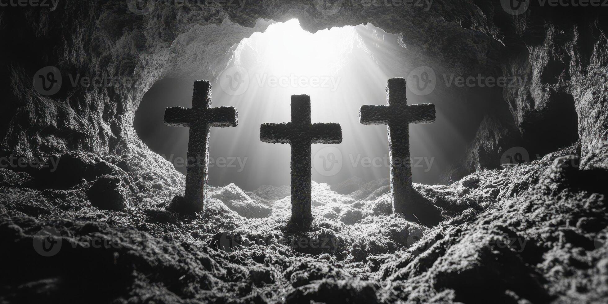 Three crosses illuminated by soft light inside a cave create a powerful atmosphere of hope and reflection photo