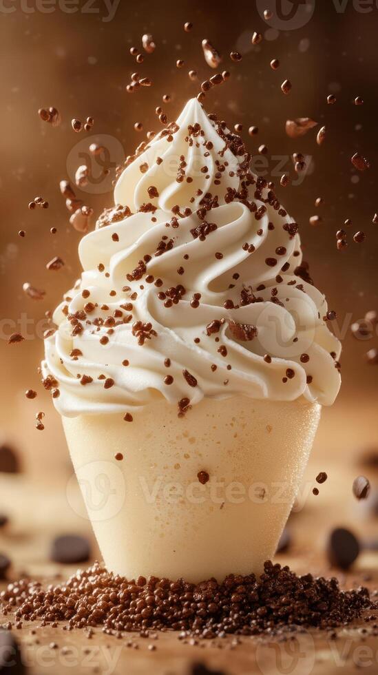 Delicious soft serve ice cream topped with chocolate sprinkles on a wooden table photo
