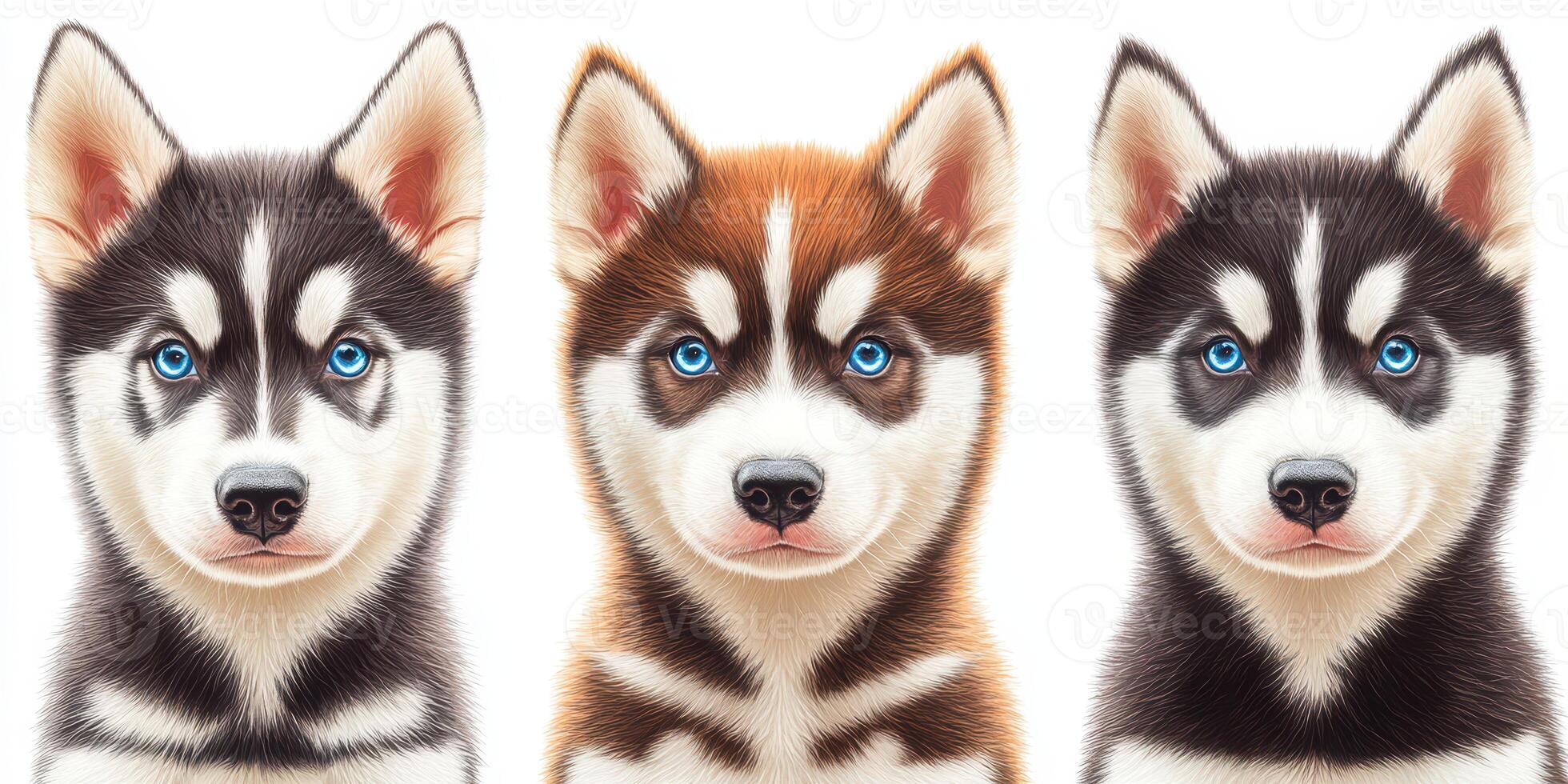 Beautiful Siberian husky puppies showcasing vibrant fur patterns and striking blue eyes in a cheerful composition photo