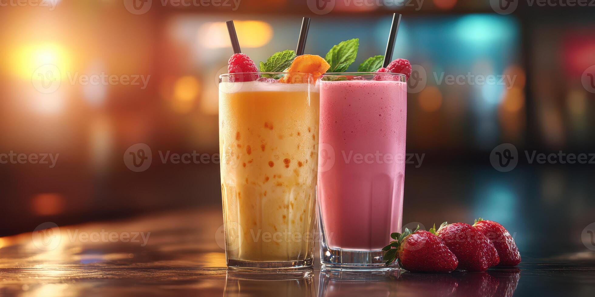 Colorful fruit smoothies placed on a bar counter during a vibrant evening gathering with bright lights photo